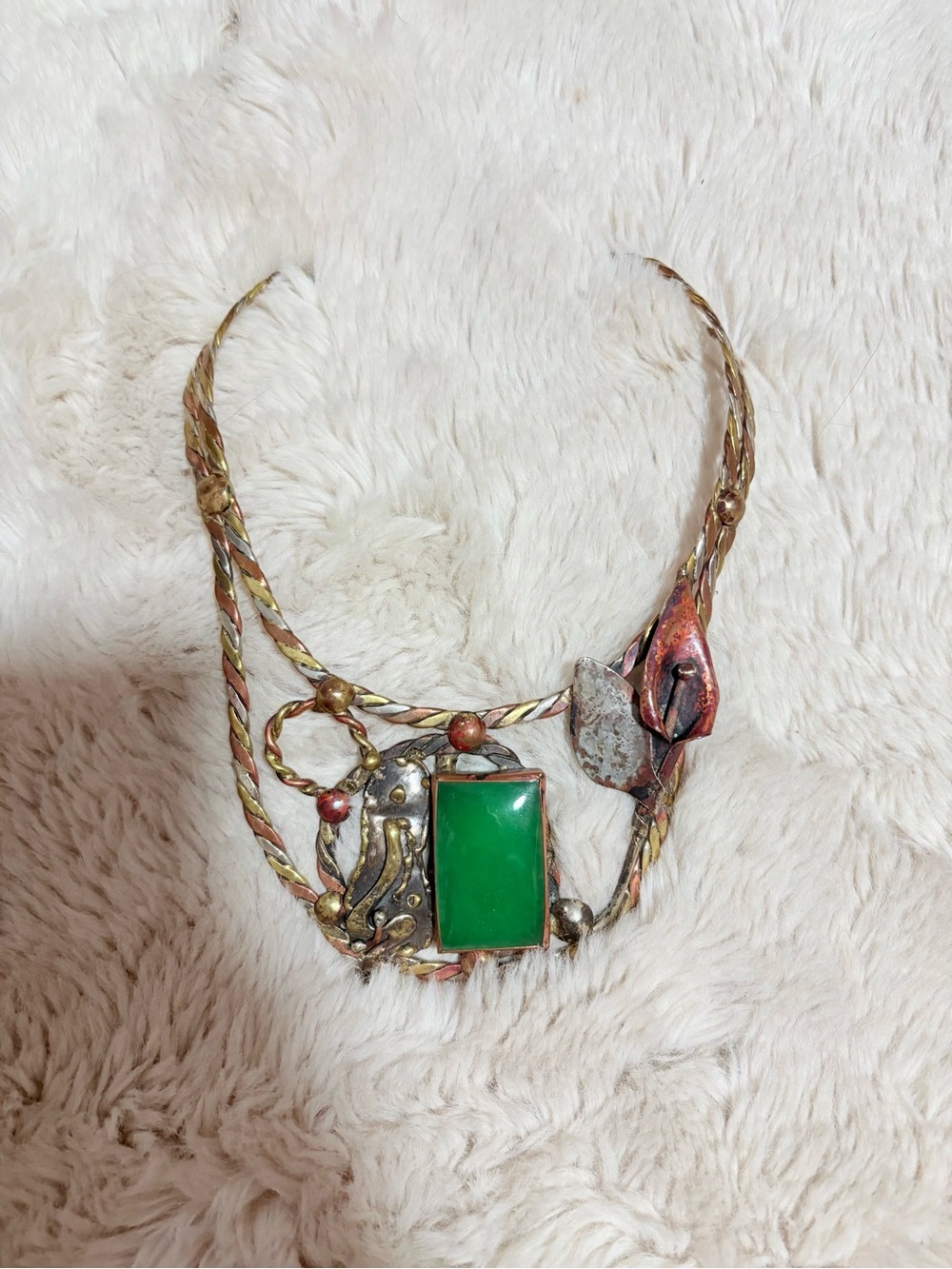 VTG Mixed Metal Brutalist Choker Green Jadeite Agate Statement Necklace
